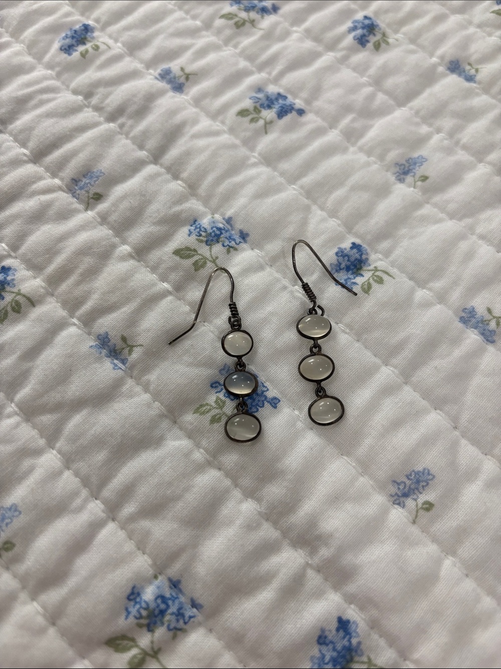 Classic Triple-Drop White Glass Dangle Earrings